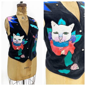 Novelty cat cottage core handmade painted silk and velvet vest. Size L/XL.