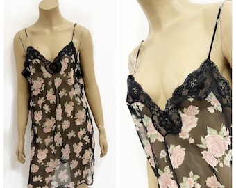 Sweet sheer rose floral negligee with curved hemline. Size L.