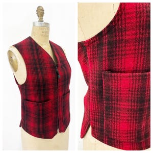Gilet rouge en laine à carreaux Bemidji avec doublure matelassée. Fabriqué aux États-Unis. Taille S/M.
