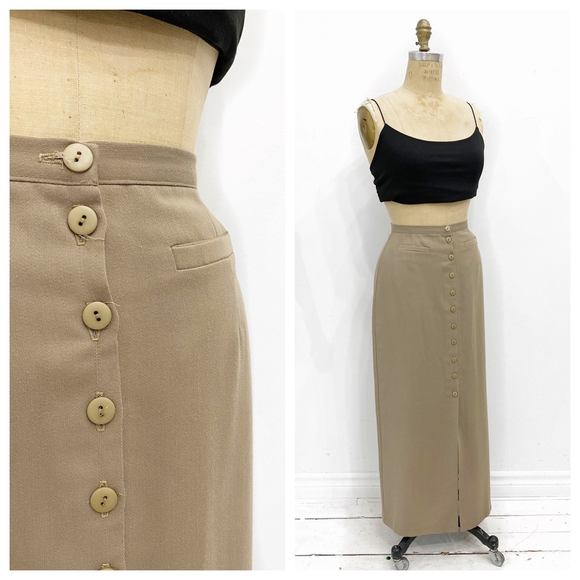 Taupe Midi Maxi Skirt With Buttons Down the Front. Size S/M
