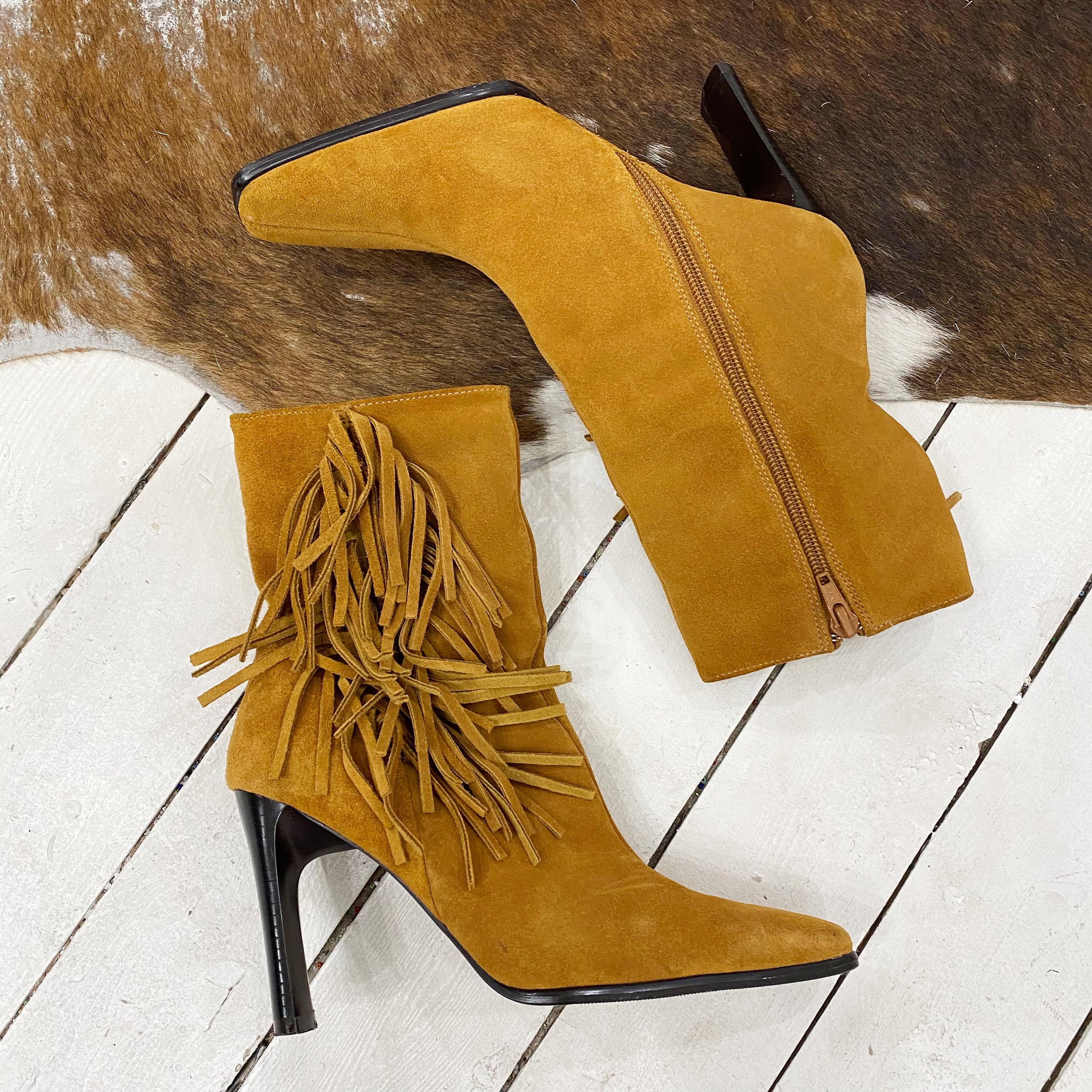 Tan Brown Suede Fringe High Heel Ankle Boots. Size 5.5. - Etsy