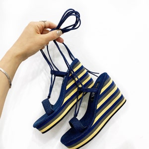 1990’s denim platform sandals with ankle ties. Size 7.
