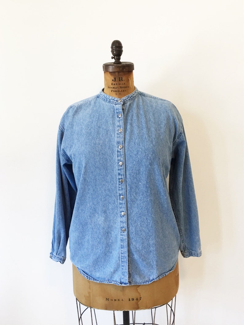 collarless jean blouse Classic denim shirt Size LXL.