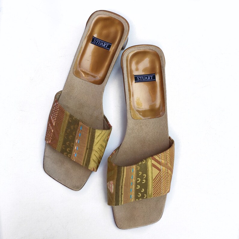 STUART brocade olive and mocha slides Size 8.