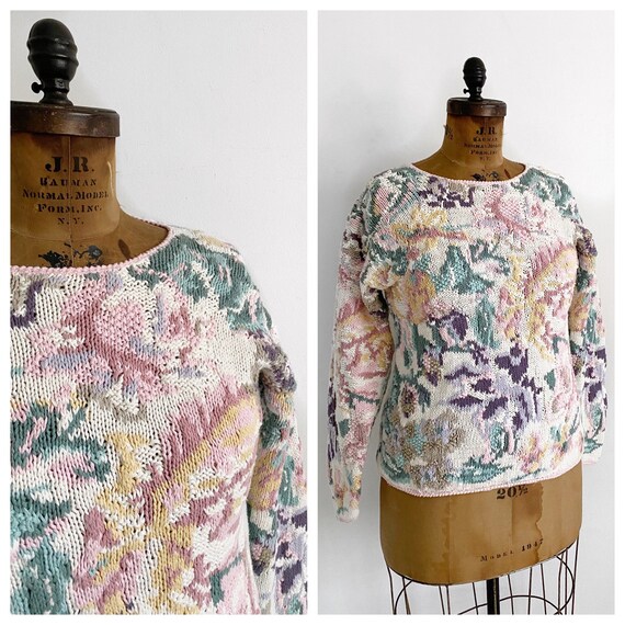 Vintage floral ramie cotton 1980s sweater. Size M/