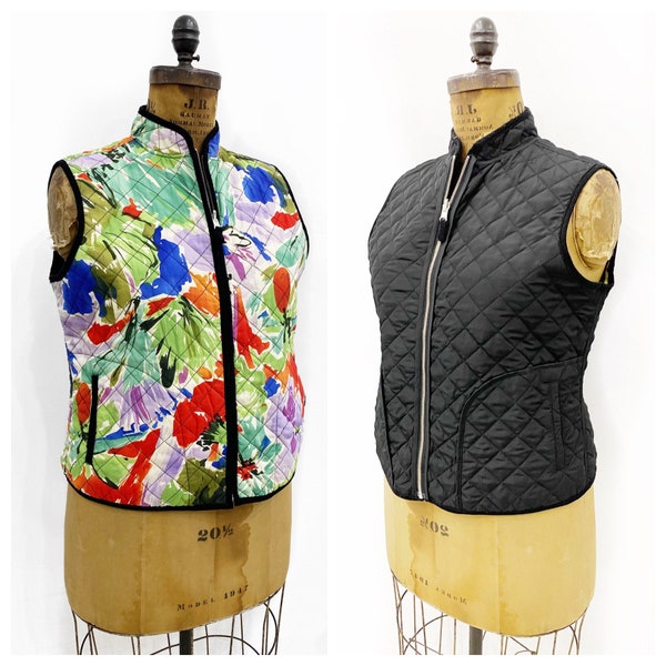 Reversible quilted vest with black side and abstract water colour print. Size L/XL.