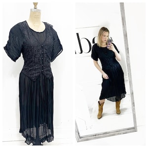 1990&#39;s black boho goth sheer midi dress with lace vest.  Size S.