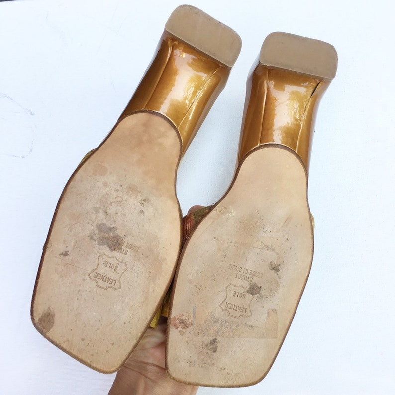 STUART brocade olive and mocha slides Size 8.