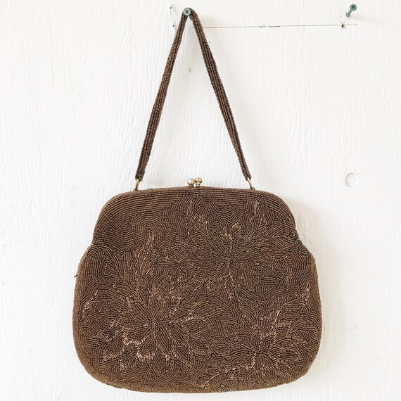 1960's chocolate brown large floral beaded hand ba