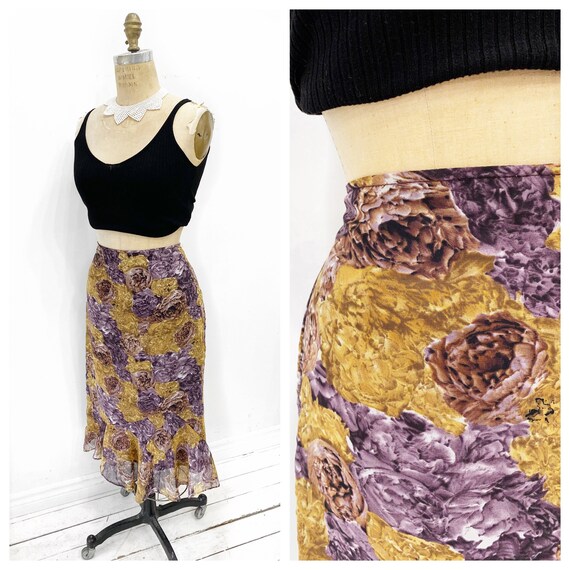 Floral Chiffon Made in Canada Midi Skirt With Asymmetrical Hem. Size L XL. Etsy UK