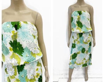 Silk green floral strapless Lynn Lugo bias cut dreamy dress. Made in USA. Size S-L