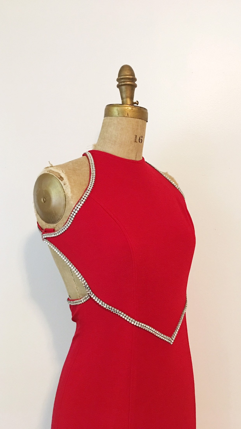 Red hot rhinestone trimmed stretch gown with low back Size S.