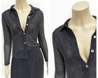 Black 1990's silver striped sparkly sheer button up blouse. Size XS/S.