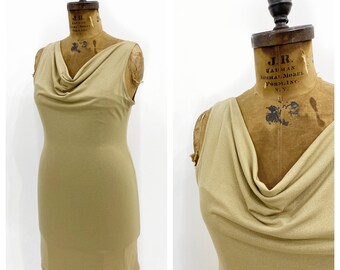 Taupe Y2K minimalist cowl neck made in Canada stretch dress. Size L/XL.