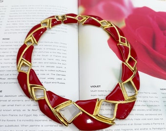 Stunning MONET red enamel gold chunky collar necklace.