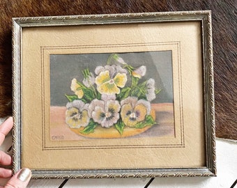 Antique original pastel pansy floral framed art.