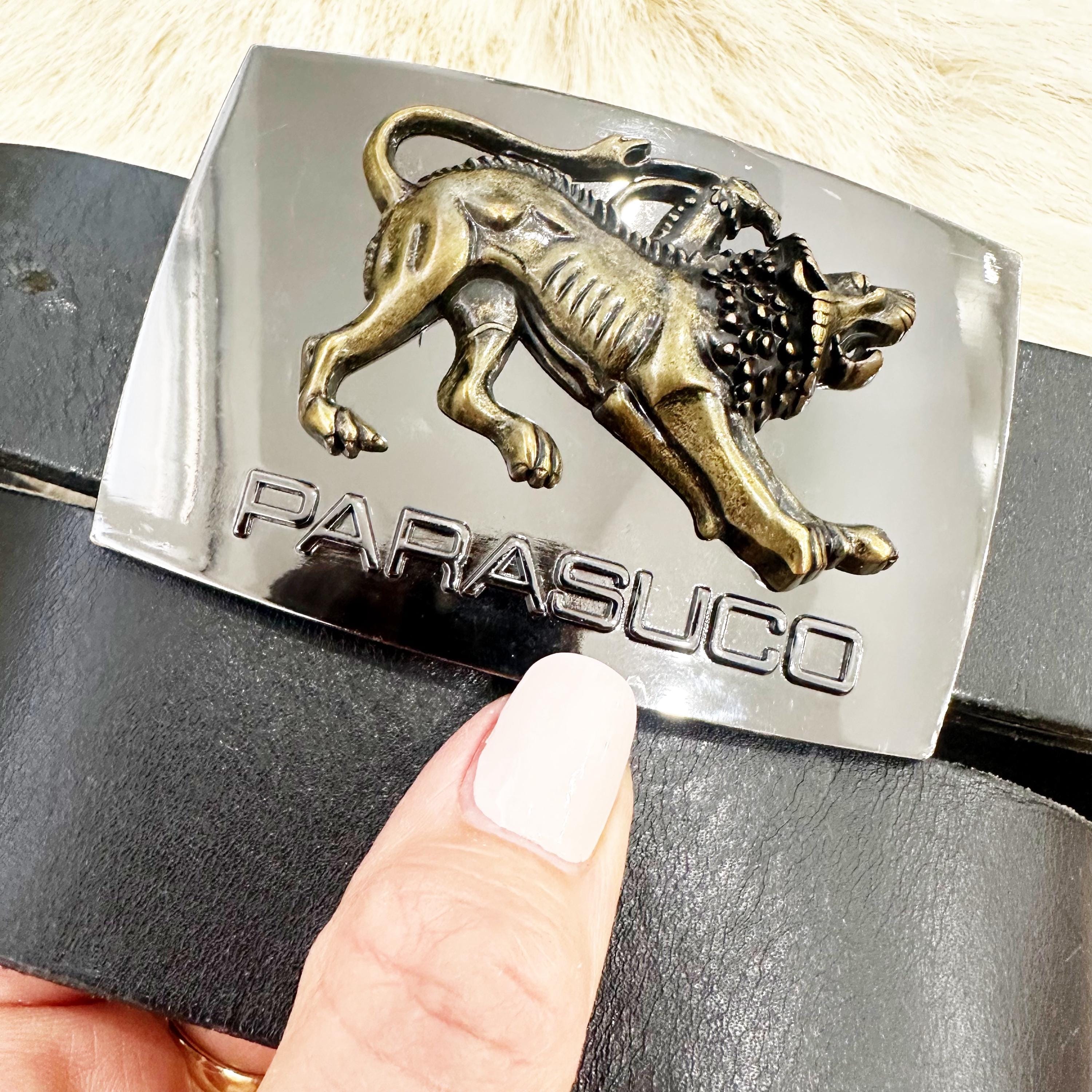 Y2K Parasuco Lion Buckle Leather Rocker Belt. Made in Canada 
