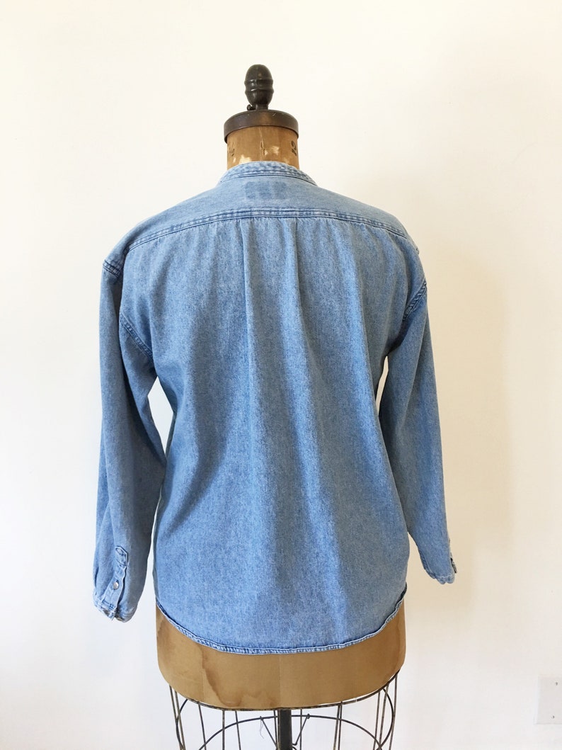 collarless jean blouse Classic denim shirt Size LXL.