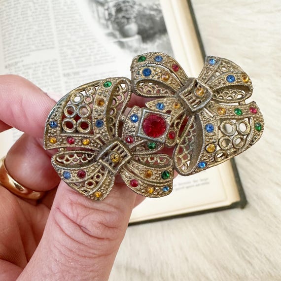 Broche Ancienne Art Déco Plaqué Or - Noeud Avec Strass Rouge, Bijou Vintage Occasion