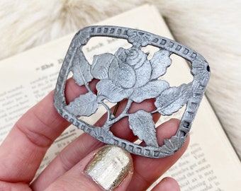 Antique Art Nouveau romantic rose pewter brooch.
