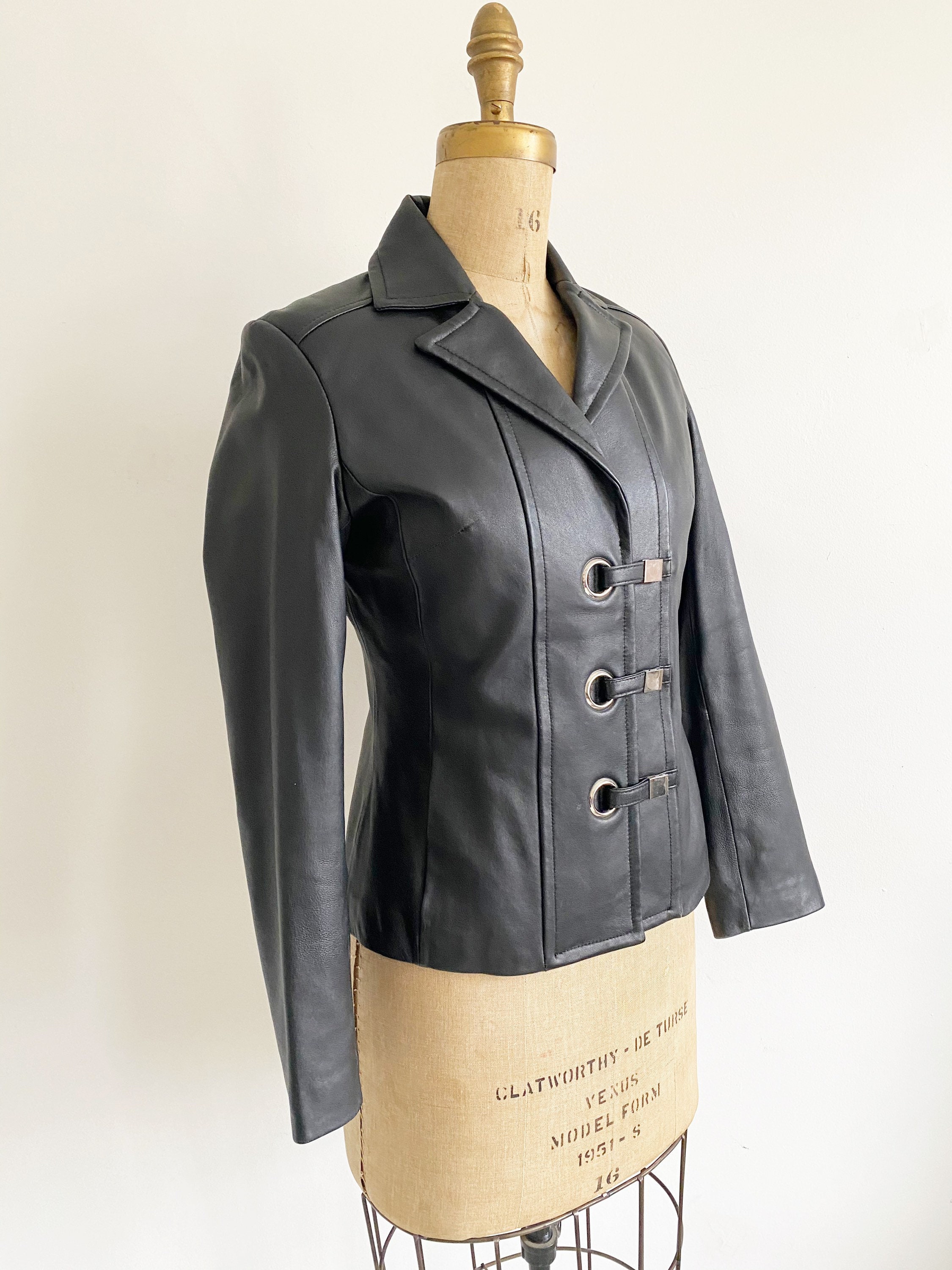Black leather Y2K jacket with silver hardware ring closure. Etsy