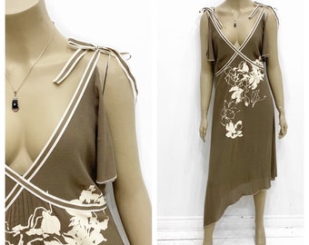 Y2K taupe asymmetrical chiffon dress with ribbon bow straps. Size S/M.