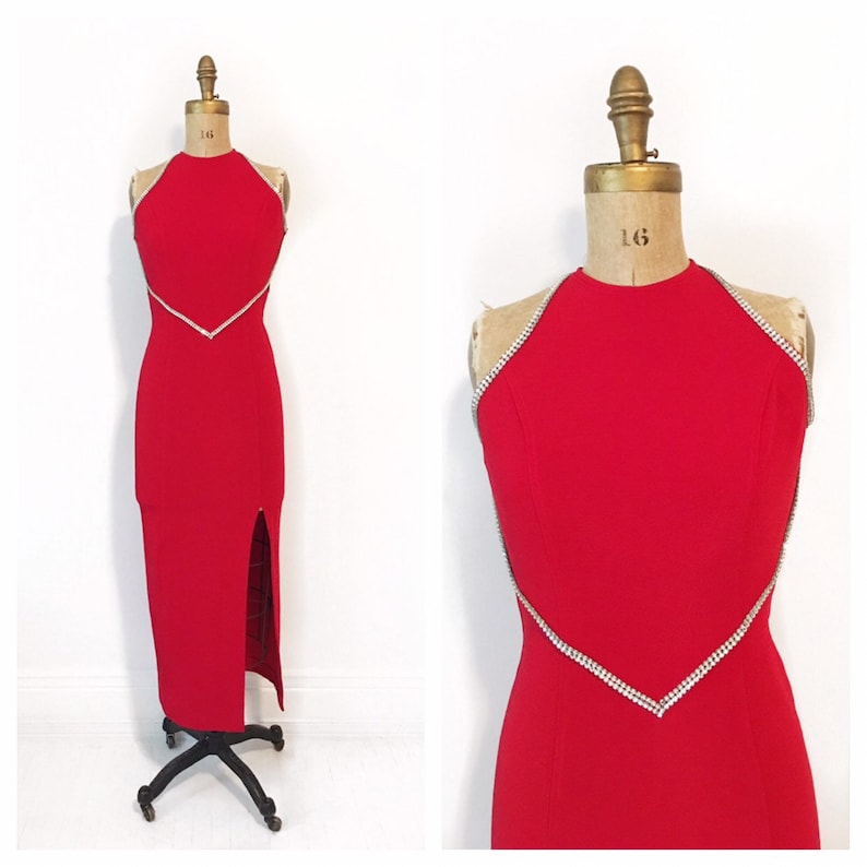 Red hot rhinestone trimmed stretch gown with low back Size S.