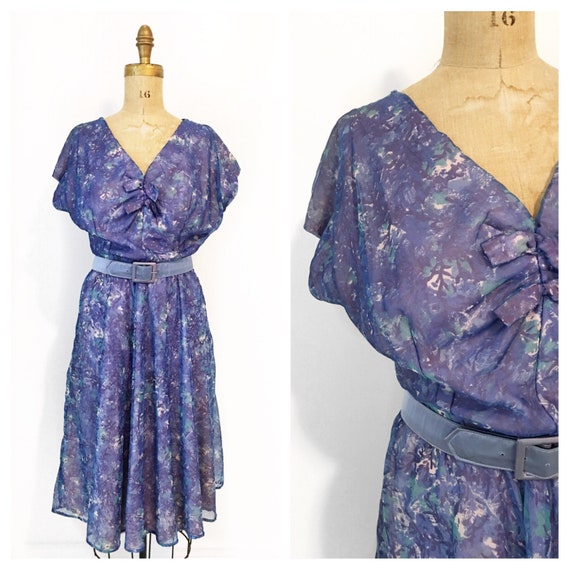 Mid century blue purple floral chiffon day dress w