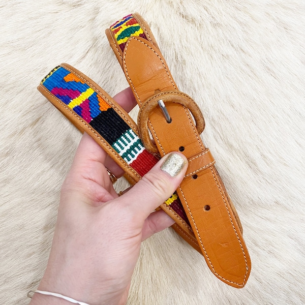 Colourful Southwestern textile and leather belt. Size L/XL.