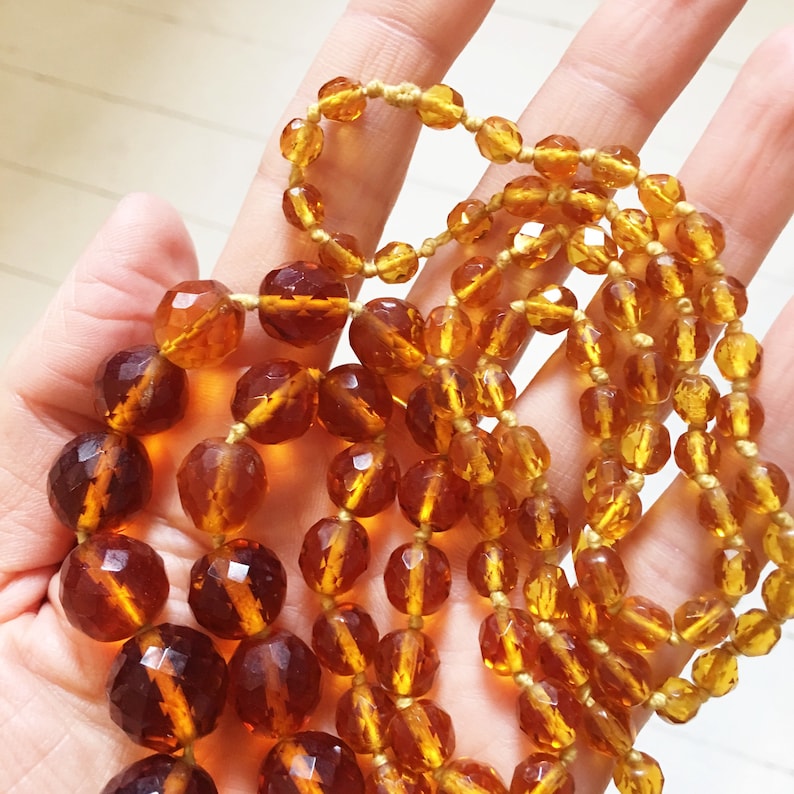 Art Deco hand knotted ombr\u00e9 amber Czech hand cut window pane crystal long necklace.
