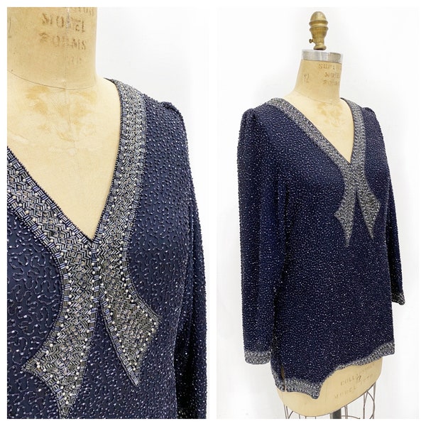 Chic V front beaded navy silk tunic top. Size M.