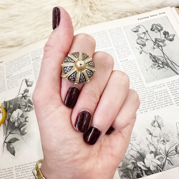 Midcentury Spanish damascene pearl dome adjustable cocktail ring.