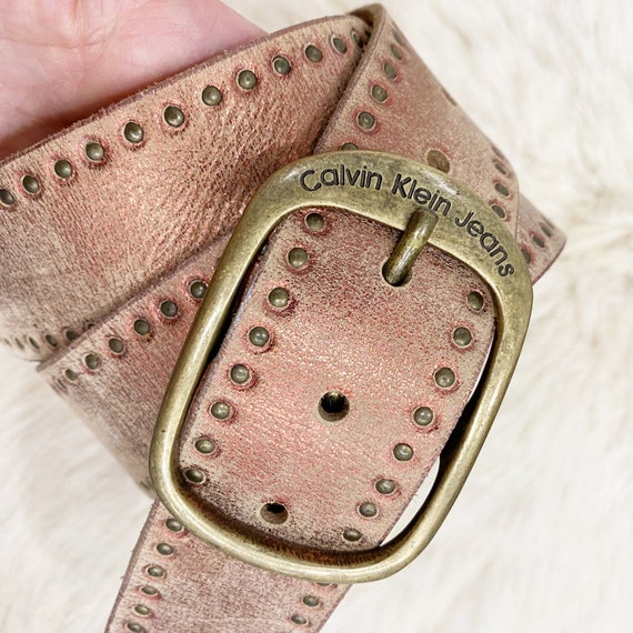 Vintage Calvin Klein Crackled Red Gold Studded Leather Belt  display picture 2