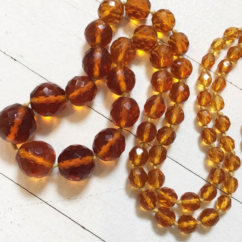 Art Deco hand knotted ombr\u00e9 amber Czech hand cut window pane crystal long necklace.