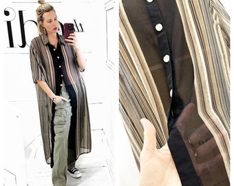 Plus size polyester chiffon sheer striped duster button up. Size 1XL-3XL.