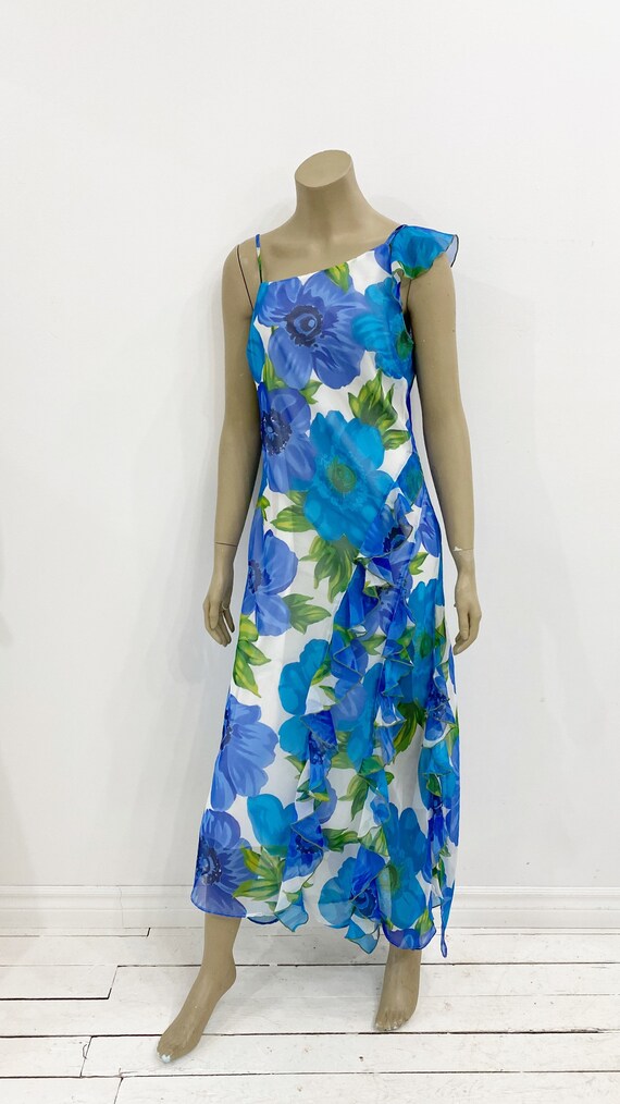 Y2K sheer blue floral asymmetrical ruffle dress. … - image 7