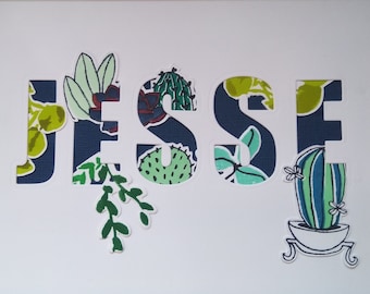 Personalised Name framed artwork 3D cactuses & herbs