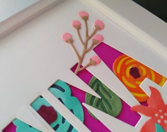 Personalised Name frame, 3D paper flowers, name frame for wall, personalised artwork, framed name keepsake, nursery decor, personalised kids