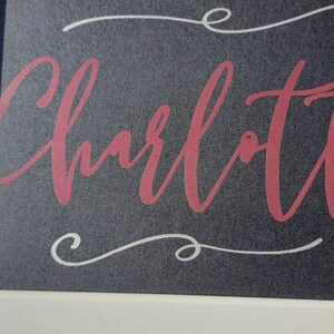Op de afbeelding: Een wit ingelijst bord met een donkergrijze achtergrond en de naam "Charlotte" geschreven in roze cursief schrift.