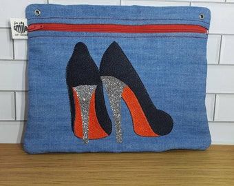 Night out bag, Glitter Heels, Fancy Shoes, Crossbody, Small Embroidered Bag, Crossbody purse, Embroider make up bag, Denim Bag, Black Pumps