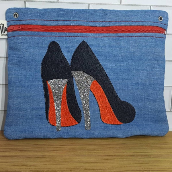 Sac de nuit, Talons à paillettes, Chaussures de fantaisie, Crossbody, Petit sac brodé, Sac à main Crossbody, Sac de maquillage brodé, Sac en denim, Escarpins noirs