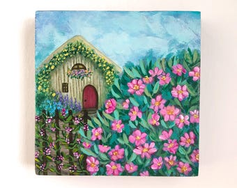 Pequeña cabaña de primavera, pintura original sobre madera.