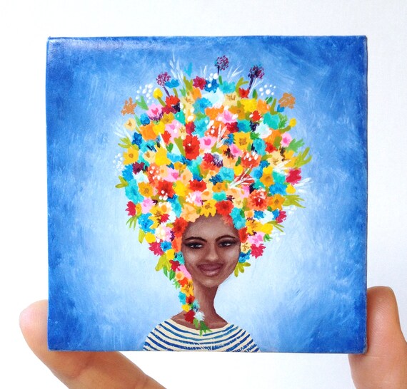 Mini Canvas Art Flower Head Black Girl Art Woman Portrait Etsy