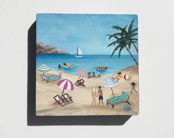 Liten strandscen originalmålning på vaggad träpanel, mini-havskonst 3 x 3 tum