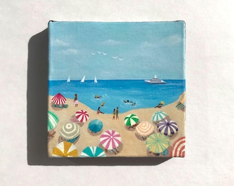 Tiny People at the Beach, Original Painting on Canvas, Mini Seascape Art