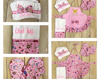 Custom Embroidered Flowers and Butterflies Personalized adult child toddler apron Made to order little girl apron birthday gift