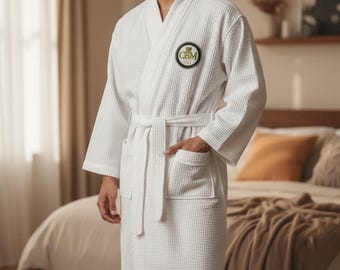 Long Cotton Terry Cloth Bath Robe, Plush Kimono Spa Robe with Belt and Pockets, White, Unisex free personalization