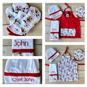 Custom Embroidered  Disney Mickey Mouse apron and chef Hat mitts Personalized apron Custom Apron Made to order apron free personalization