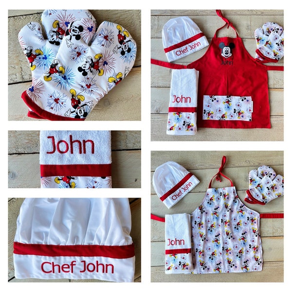 Custom Embroidered  Disney Mickey Mouse apron and chef Hat mitts Personalized apron Custom Apron Made to order apron free personalization