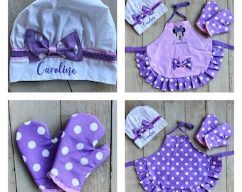 Personalized Minnie Mouse Apron Set: Embroidered Chef Hat & Mitts
